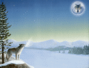 snowy scene of wolf howling at full moon with wolf face in moon